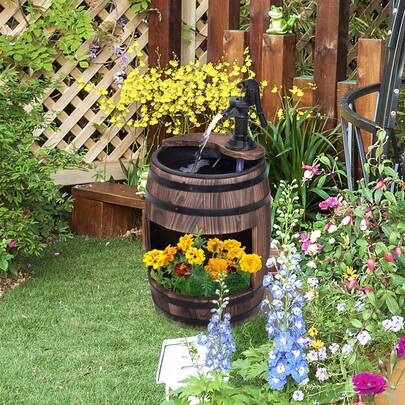 2 Tiers Outdoor Wooden Water Pump Fountain, Patio Decor, Durable Sturdy