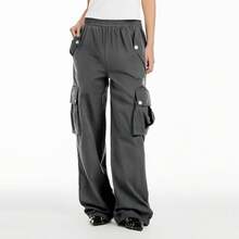 4 Flap Pockets Button Cargo Pants, Casual Loose Elastic Waist Pants,Y2K Style - Dark Grey - View 2