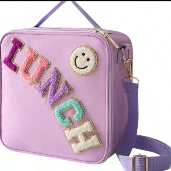 Insulated Lunch Bag With Adjustable Shoulder Strap, Nylon Preppy Lunch Box Large Insulated Lunch Bag Reusable Lunch Tote Bag With Preppy LunchBag For Girls School Travel Picnic (Purple)