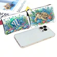 1 Set Diamond Painting Craft Kit, Ocean Animal Style Coin Purse Women Ins Zipper Mini Bag, Women Short Hanging Pouch With Keychain Card Holder, Made With Crystal Round Diamond DIY, Suitable For Daily Travel Carry-On Storage