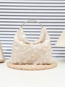 1 件米色 PVC 亮片手提包，撞色拼布闪亮手提包，手拿包，适合派对、郊游、装饰、休闲夜晚外出、手机座、腕带