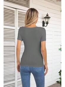 Womens Fashion Fall Cutout Long Sleeve Ribbed Slim Fitted Tops Shirts Tee Tshirts - Short-dark Grey - View 4