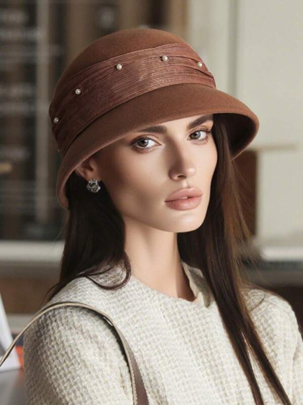 Women's Autumn/Winter Bucket Hat, Wool Felt Hat, Silk/Linen Decoration, Fashionable Felt Hat, Elegant Beaded Cloche Hat, Bucket Hat, Solid Color Warm & Stylish