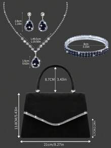 Bolso de mano brillante con diamantes de imitación para mujer, elegante y moderno bolso de mano con solapa, bolso de noche, bolso de fiesta, exquisito bolso de fiesta, bolso de hombro de lujo para mujer, conjunto de tres piezas con diamantes de imitación brillantes, collar, pendientes y pulsera con diamantes de imitación brillantes, ideal para fiestas, reuniones y bailes.