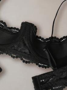 Sujetador sexy de media copa con borde de encaje negro, ropa interior ajustable y cómoda con tirantes para mujer - Negro - Ver 5