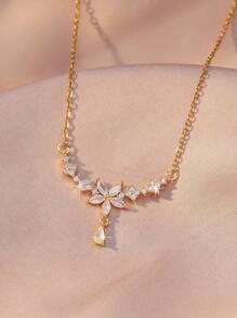 1pc Elegant Copper-Inlaid Zirconia Teardrop & Flower Pendant Necklace, Fashionable & Versatile Choker Necklace, Great Gift For Friends