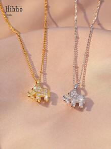 Hihho 1pc Copper Cubic Zirconia Elephant Pendant Necklace - Stainless Steel Chain Plated 18K Gold - Women's Jewelry - Fashionable & Elegant, Suitable As Wife/Lady Gift (Random Number Of Beads On Chain)