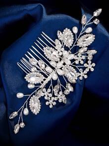 1 件女士奢华珍珠水晶钻石装饰发梳，新娘发髻发饰 - 銀色 - 查看 5