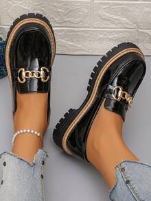 女士厚底玛丽珍鞋，纯色波西米亚风优雅复古金属链条时尚百搭套脚女鞋，适合办公室穿着，女士乐福鞋 - 黑色 - 查看 4