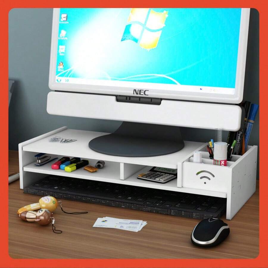 1 estante elevador para computadora, cajón de oficina, almacenamiento, soporte para monitor de escritorio, almohadilla para portátil, almacenamiento de escritorio - Blanco - Ver 1