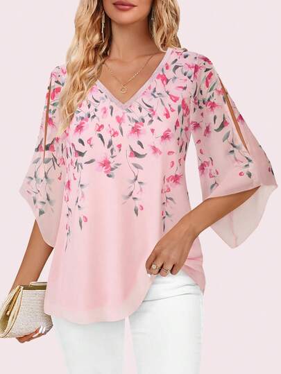 CheersLife 女士荷叶边V领双层网纱宽松飘逸系带七分袖衬衫