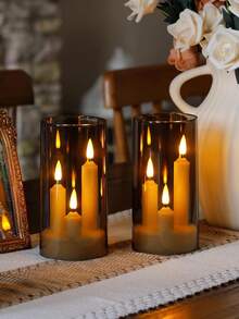 3 件三合一无焰锥形短蜡烛，带 10 键遥控器和定时器，电池供电 2 个 LED 亚克力 7.5 厘米 X 15 厘米柱状闪烁暖光，适用于生日、婚礼、万圣节、圣诞节氛围装饰 - 灰色