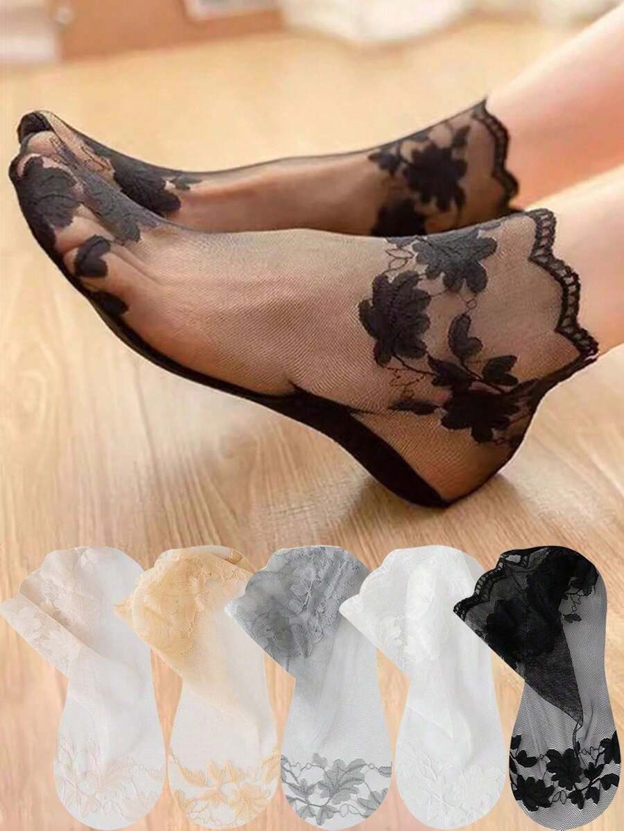 5 Pairs Women's Breathable Elastic Thin Leaf Boat Socks, Transparent Lace Invisible Socks, Lolita Style Knee-High Socks, Suitable For Outdoor Sports, Dancing, Walking, Christmas, Winter And Other Occasions - Multicolor - View 1