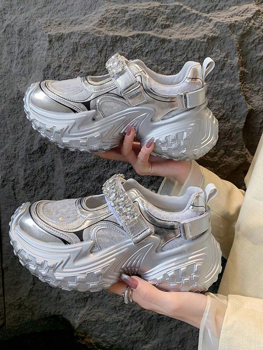 Daddy Shoes For Women, New Rhinestone Sequins, Thick Sole, Platform Hoops, Durian Sole, Mary Jane Sneakers Solid Color Street