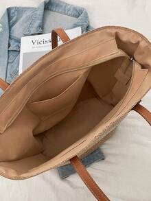 1 حقيبة كبيرة للسيدات من القماش المحبك ذات خلفية بيج مخطط باللون الخاكي، يمكن حملها باليد أو عبر الكتف، بسحاب ناعم للإغلاق، بأسلوب منتجع،خفيفة الوزن، سعة كبيرة، مناسبة للسفر والشاطئ والترفيه والتسوق