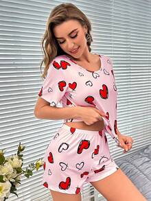 2pcs/Set Women Heart Print Cute Sexy Sleepwear, Round Neck Short Sleeve Top And Shorts Pajamas, Casual Loungewear Set Suitable For Spring, Summer, All Seasons - Multicolor - View 5