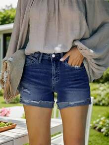 [Stretchy Denim Shorts] Stretchy Denim Shorts, Women's Mid-Rise Ripped Shorts With Frayed Raw Hem | 5 Pockets, Zipper Fly, Soft Blend, Perfect For Summer, Beach, And Casual Outings  Plain    Casual    Pocket  Button  Zipper - 白色 - 查看 7