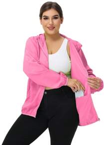 1pc Outdoor Women's Lightweight Solid Color Long Sleeve Casual Jacket, Zipper Hooded Plus Size Jacket, Water-Repellent Fabric Outerwear, Sunblock