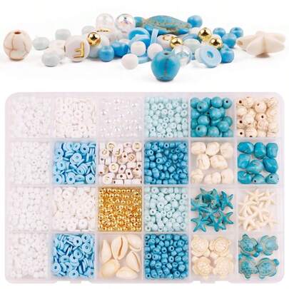 2000pcs Seed Beads, 600pcs Clay Beads, Acrylic Letter Beads, Turtle, Starfish, Turquoise Pattern Round/Asymmetrical Spacer Beads, Ocean Color Jewelry Making Kit