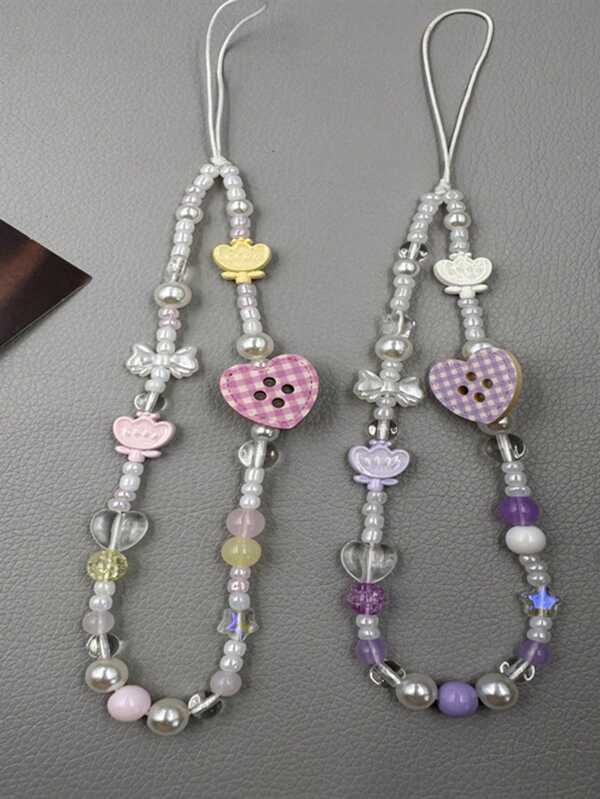1pc Bohemian Heart Button Handmade Tulip Beaded Phone Lanyard, Decorative Girl-Friendly Heart Button Phone Charm