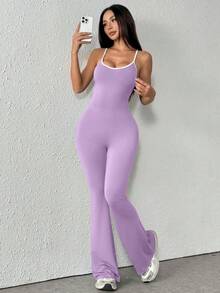 一件式无袖纯色薄款吊带撞色紧身连体裤阔腿喇叭休闲性感露背连体裤塑身连体裤夏季 - 淡紫色 - 查看 4