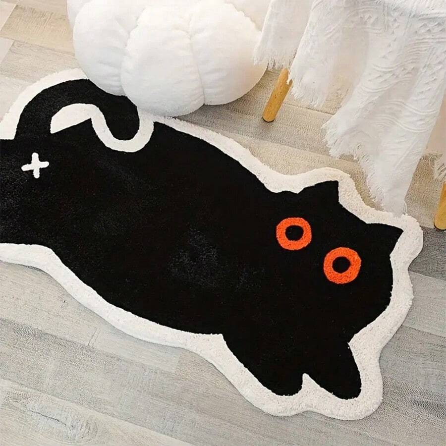 1pc Cute Black Cat Pattern Plush Non-Slip Absorbent Soft Shaggy Indoor Decorative Rug Carpet For Doorway, Bedside, Home Decor