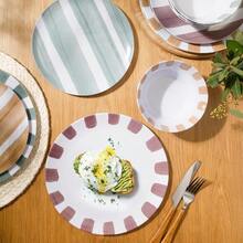 Cottage Stripes 12Piece Durable Melamine Plates And Bowls Set For Outdoor Camping And Daily Use Assorted Colors - Màu sắc hỗn hợp - Xem 3