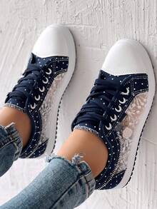Women's Navy Blue Flower Decor Lace Mesh Low Top Sneakers, ChicMe Essence Autumn/Winter New Round Toe Lace Up Zipper Accent Ladies Casual Fashion Skate Shoes - 深藍色 - 查看 6