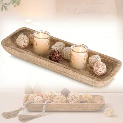1 pieza Bandeja/Cuenco decorativo de 16" para centro de mesa: Cuenco de madera rústico para decoración del hogar y la sala, soporte para velas para el comedor y la cocina, bandeja larga y estrecha para decoración de boda, fiesta, Navidad y San Valentín