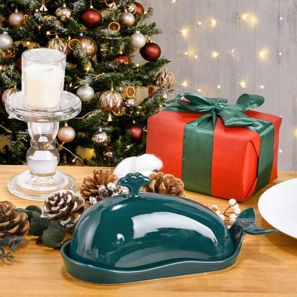 Ursword 1 Pieza Plato para Mantequilla Estilo Ballena con Tapa para Encimera, Portamantequilla Único para Encimera o Refrigerador, Recipiente de Cerámica para Mantequilla con Tapa Moderno para Decoración de Cocina Estilo Granja