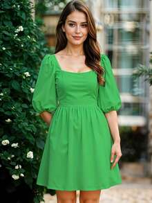Vestido Corto de Escote Cuadrado con Manga Abullonada Casual para Mujer - Verde - Ver 3
