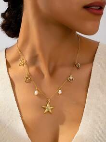 1pc Ocean Life Starfish Shell Cultured Pearl Bamboo Knot Creative Necklace, Vacation Seaside Style Delicate Design Choker Necklace, Fashion Versatile Personalized Necklace - Golden 2 - View 13