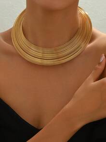 Juego de 4 piezas: 1 collar, 1 par de aretes, 1 anillo, 1 pulsera, conjunto de joyas clásicas retro tradicionales de múltiples capas tipo choker - Amarillo Oro - Ver 6