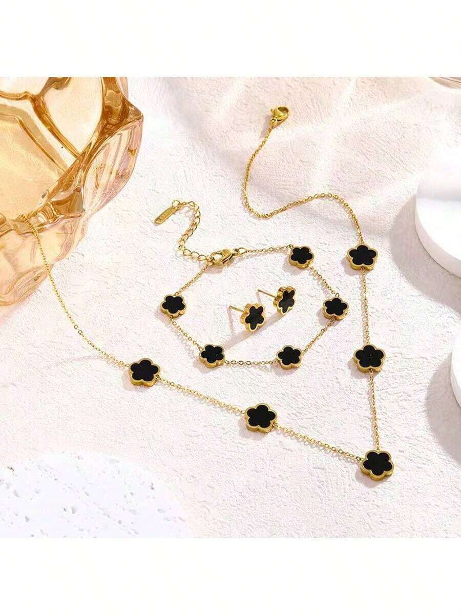 4pcs Set Stainless Steel Flower Petal Earrings, Bracelet & Necklace, Suitable For Girl, Any Occasion