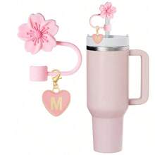 2 件/套心形和字母花卉可重复使用吸管盖，粉色杯字母标记，以及硅胶花卉吸管盖，适合 10 毫米大直径吸管，现代简约玻璃杯的可爱字母配件