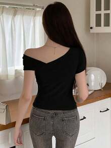 New Sexy Slash Neck Cutout Clavicle T-Shirt, Women Short Sleeve Fitted Unique Design Top - Black - View 5