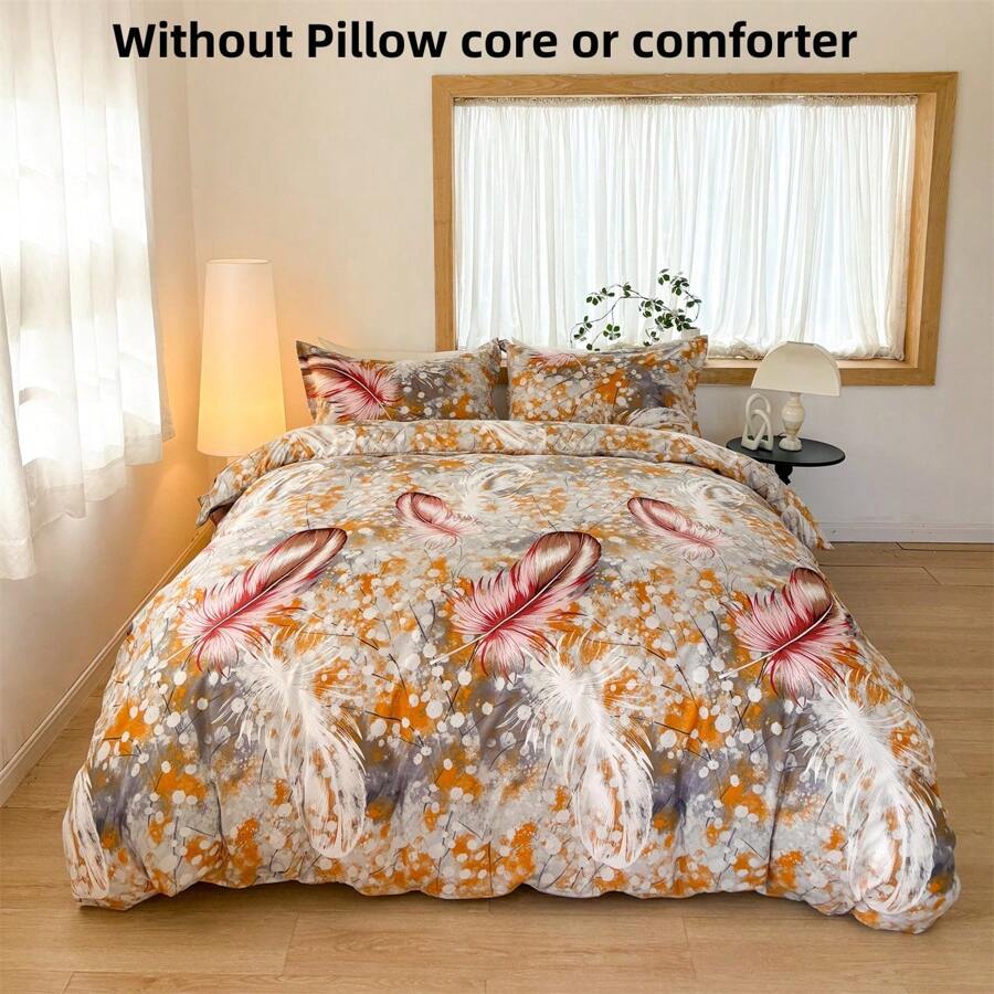 1 Set de Funda Nórdica y Fundas de Almohada de Poliéster con Estampado Floral y de Plumas, 3 piezas, Apto para Dormitorio y Hotel, para Todas las Estaciones