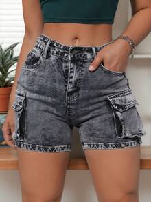 Pantalones cortos vaqueros de talle alto en gris humo estilo utilitario - Múltiples bolsillos, versátil para looks casuales y modernos - Gris Oscuro - Ver 2