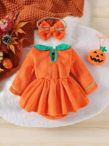 1pc Infant/Toddler Girls' Cute Soft Comfortable Orange Long Sleeve Romper Dress, Thick For Autumn/Winter