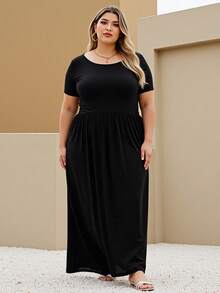 大码女式夏季纯色圆领短袖褶饰口袋休闲宽松连衣裙