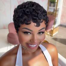 Short Pixie Cut Wigs Human Hair For Women- 6 Inch Short Curly Wave Wigs -150% Density Glueless Wigs With Bangs For Daily Use Halloween Costumes - Natural & Black - View 3