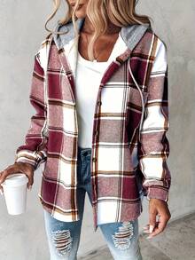 Women's Autumn Winter Clothing Casual Plaid Hooded Jacket Coat - 紅色 - 查看 1