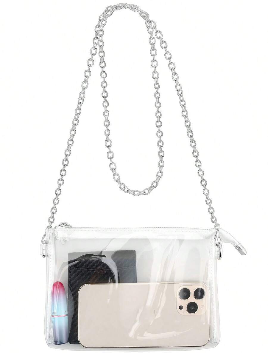 Women's Clear Crossbody Bag Stadium Approved PVC Purse Zipper Transparent Shoulder Bag For Outdoor Activities, Concerts & Sports Events - 銀色 - 查看 1
