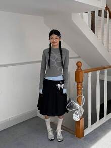 新设计感小原创V领水钻樱桃蝴蝶结长袖修身T恤 - 灰色 - 查看 8