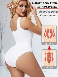 Tummy Control Shapewear Bodysuits For Women Slim Abdomen Compression Full Body Shaper Sculpting Shaping Tank Top Underwear Undershirts Wide Shoulder Straps - 白色 - 查看 1