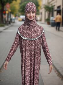 Casual Robe For Muslim Girls Aged 11-16, Elegant School Style, Slim Fit Modest Robe For Muslim Teens, Multi-Color Options, Floral Print Abaya For Muslim Girls Age 11-16, Sweet & Vibrant, New Muslim Girls Floral Headscarf With Lace Trim