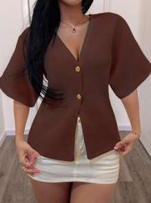 DEEKA欧美风夏季新款毕业百搭简约V领短袖针织上衣