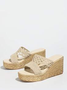 女士时尚手工编织厚底凉鞋，坡跟菱形图案波西米亚风海滩婚礼派对办公室户外健身房，春夏