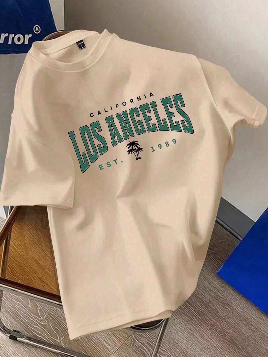 Camiseta de manga corta de corte slim fit para hombres, de color caqui liso, con diseño estampado de letra - Caqui - Ver 1