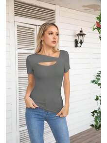 Womens Fashion Fall Cutout Long Sleeve Ribbed Slim Fitted Tops Shirts Tee Tshirts - Short-dark Grey - View 3